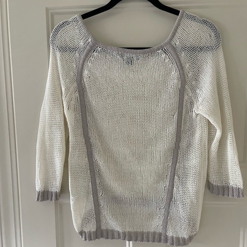 3/4 sleeve sheer Trouvé sweater. Cream with gray/beige outline